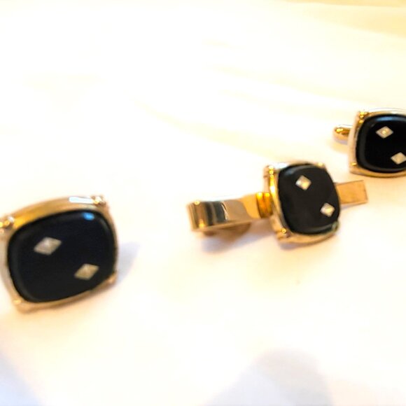 Gold Tone Black Onyx Diamond Tie Tack Clasp Cufflinks Men's Accessories Set - Picture 2 of 8